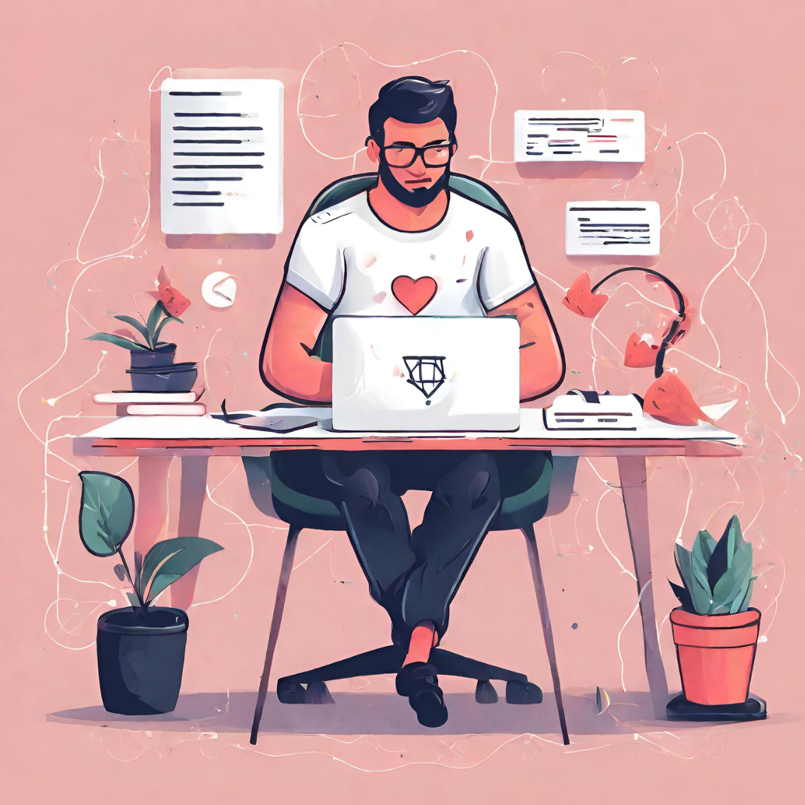 A web developer with a big heart, sitting at his desk, working on a laptop, creating websites for his clients.