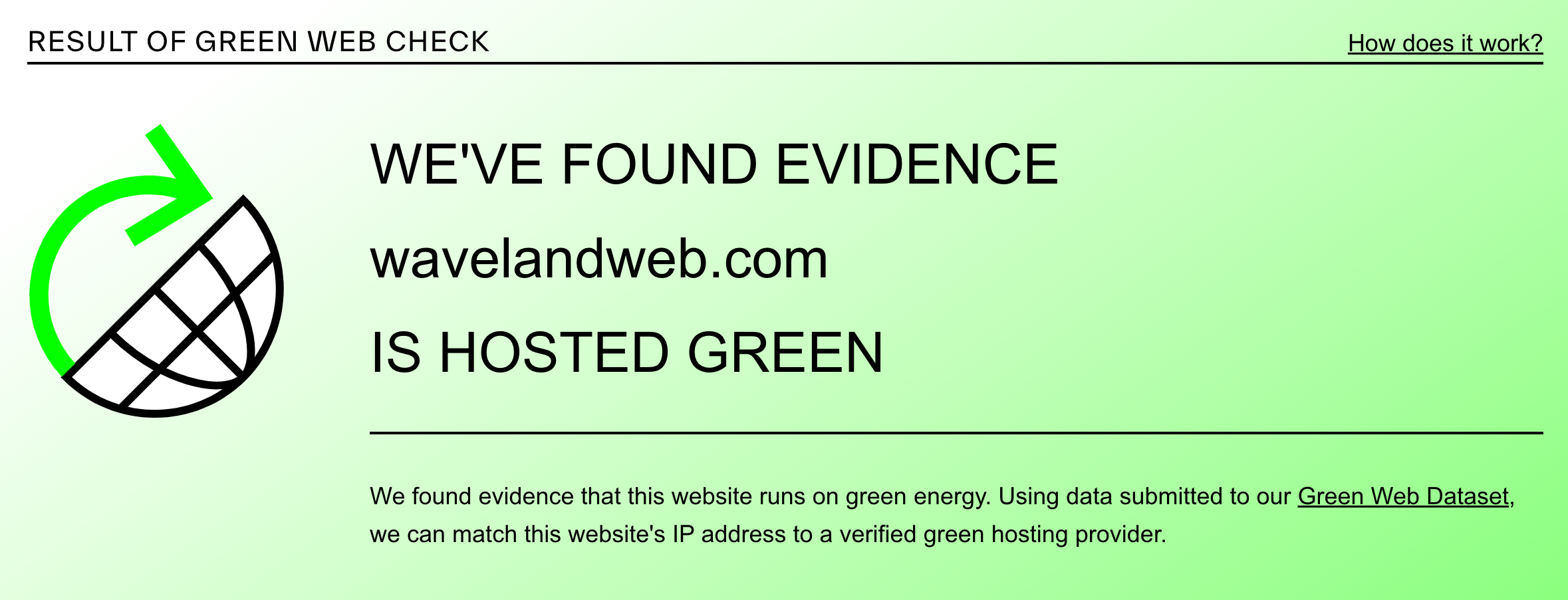 A screenshot of the Green Web Check tool showing the sustainability of a website.