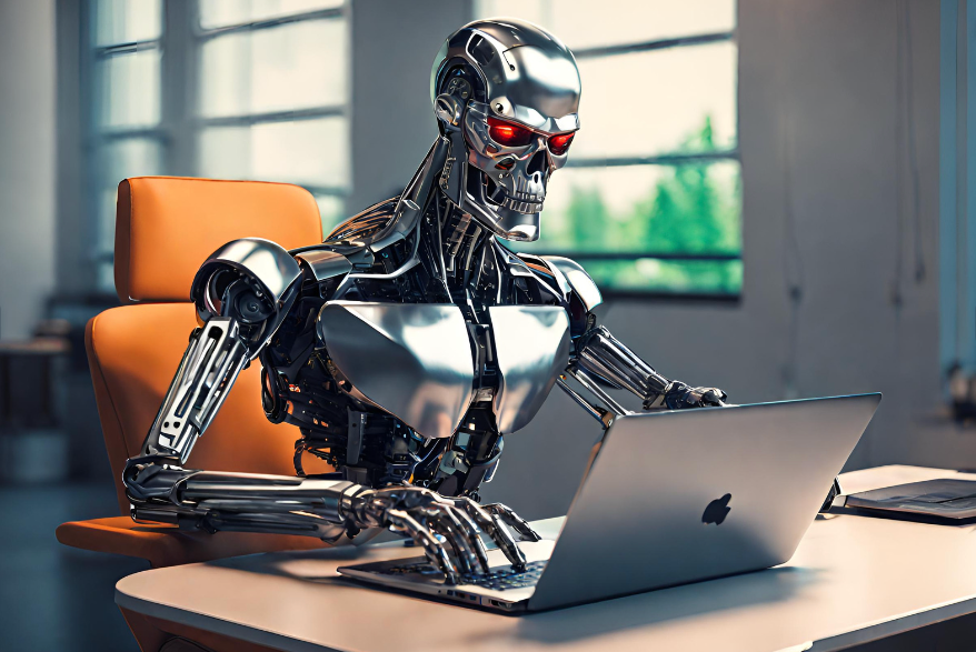 A T-800 Terminator robot coding on a laptop