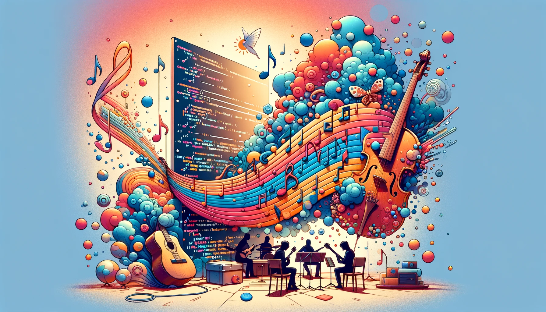 A dynamic illustration showing musicians surrounded by a swirl of musical instruments, animated sheet music, and a digital audio interface, symbolizing the blend of traditional music with modern technology.