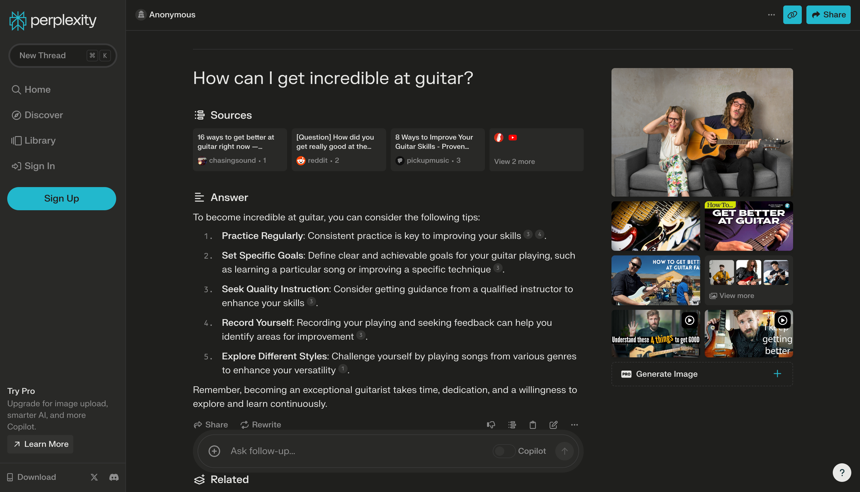 Perplexity AI search engine dashboard, showing a search result for 'How to get incredible at guitar'