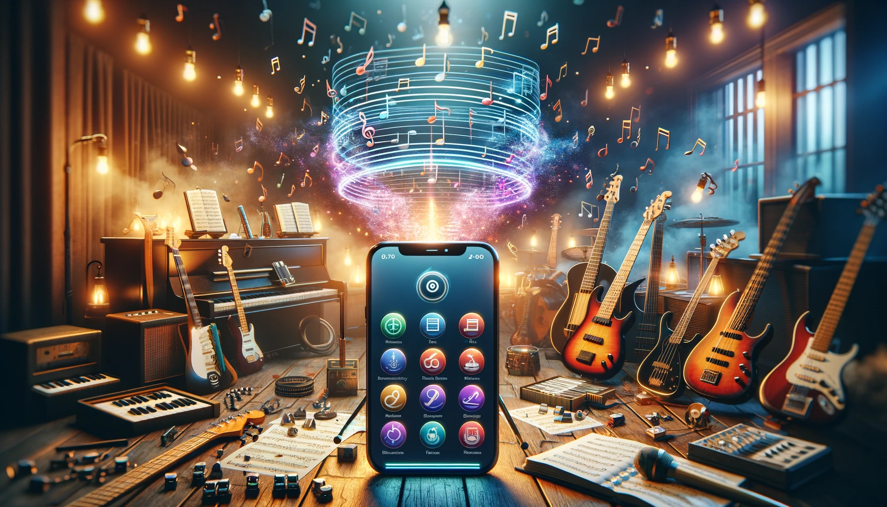 A smartphone with music app icons on screen, surrounded by various musical instruments and glowing musical notes.