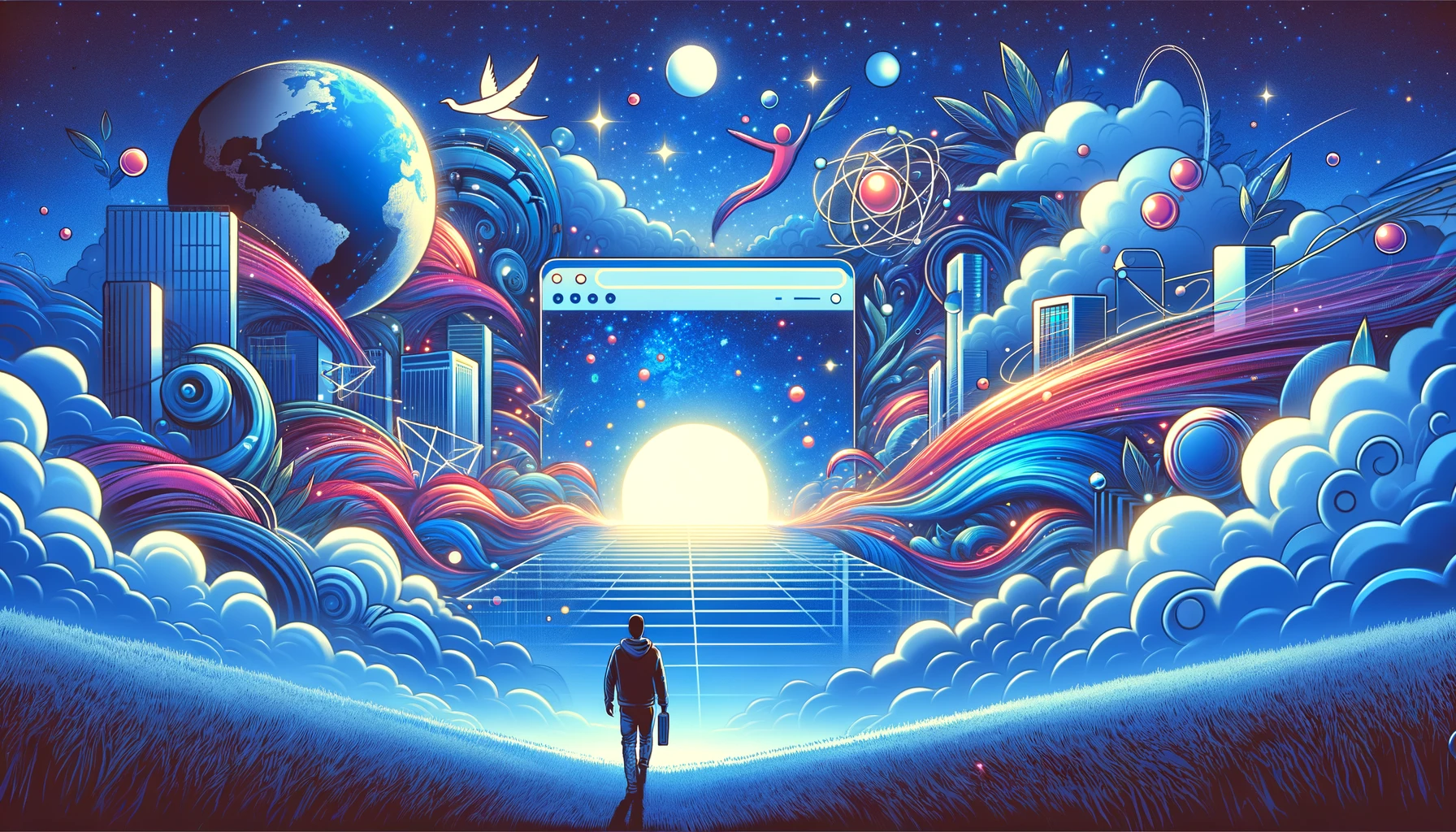A person strides through a stylized cyber-punk landscape representing the digital universe within a website.