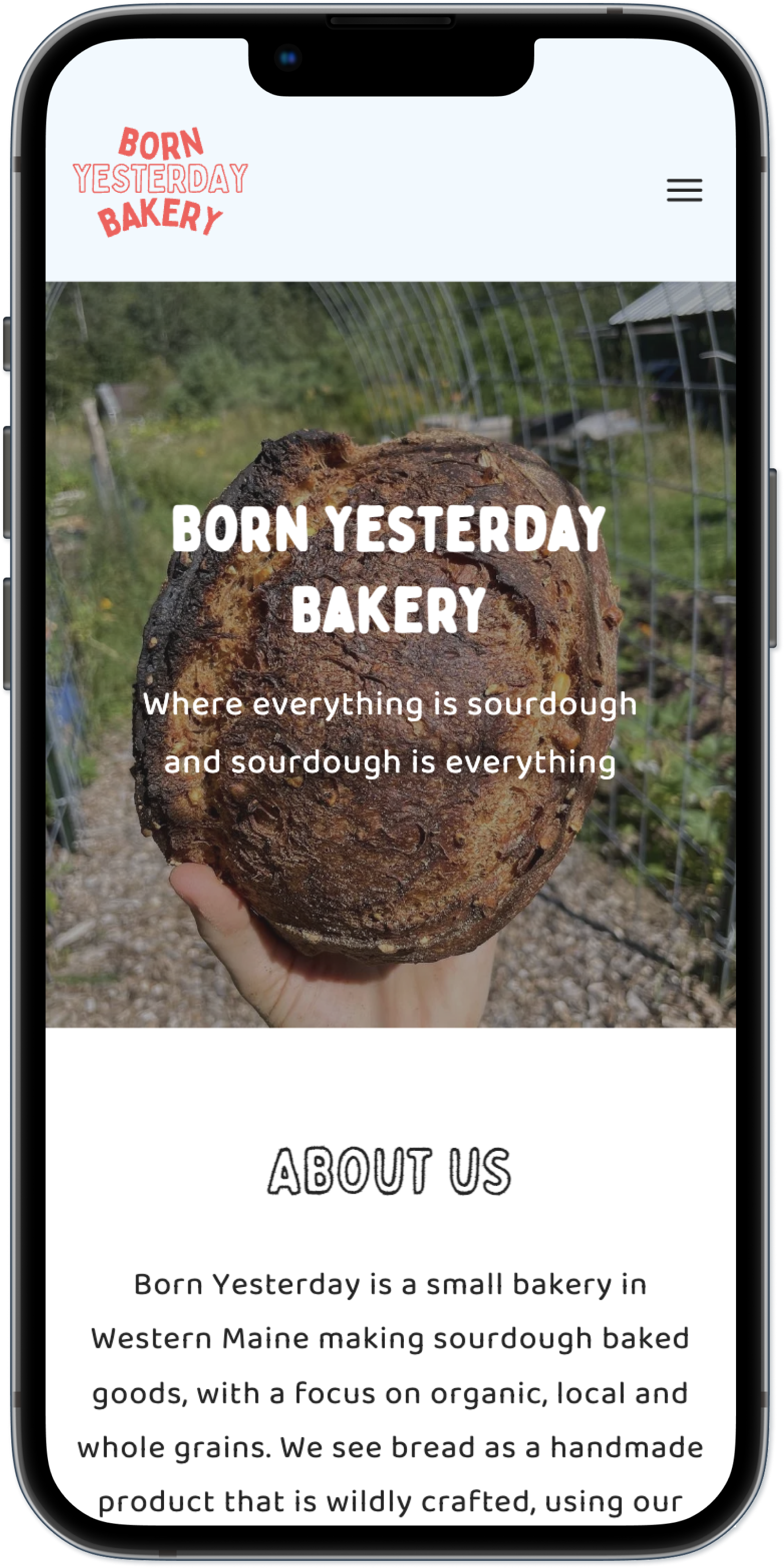 Born Yesterday Bakery website on a mobile device